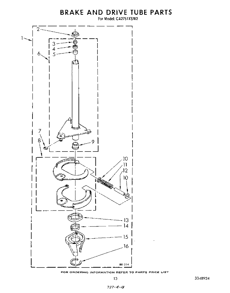 BRAKE AND DRIVE TUBE Diagram and Parts List for CA2751XSW2  Whirlpool Washer
