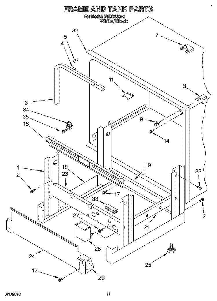 FRAME AND TANK Diagram and Parts List for KUDH230Y2  KitchenAid Dishwasher