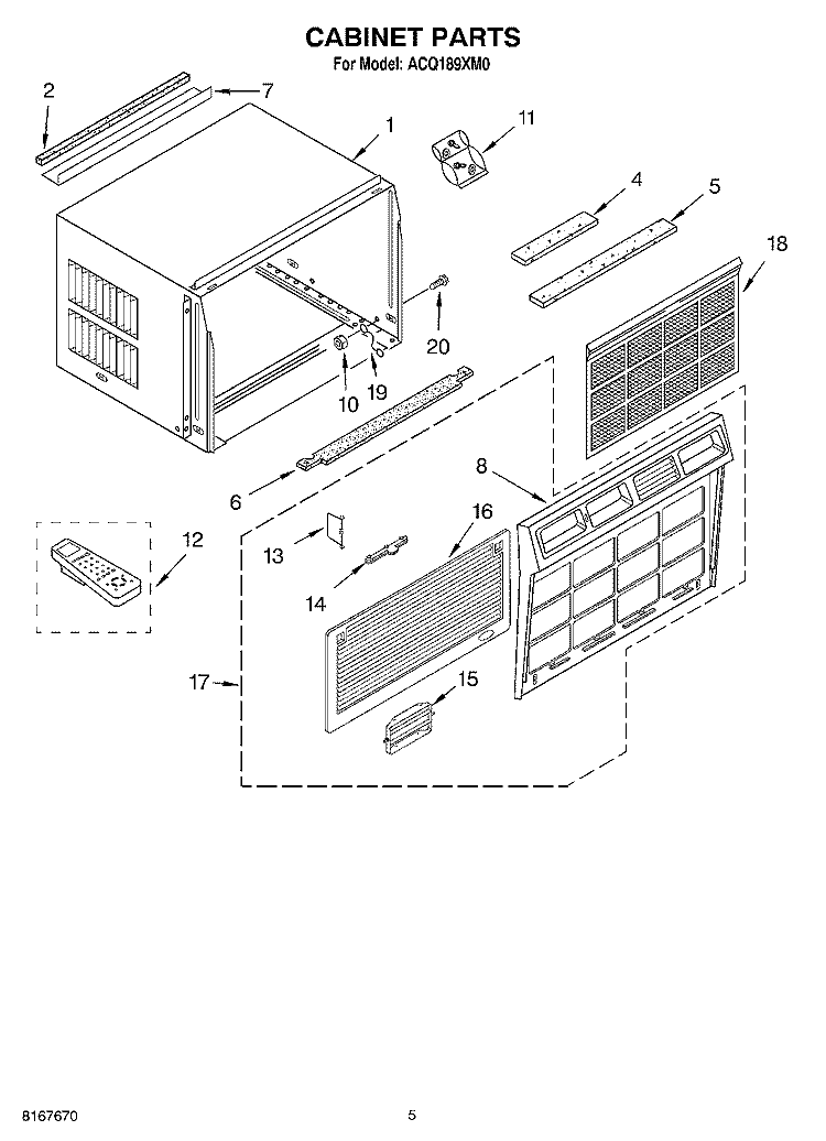 CABINET PARTS Diagram and Parts List for ACQ189XM0  Whirlpool Air Conditioner