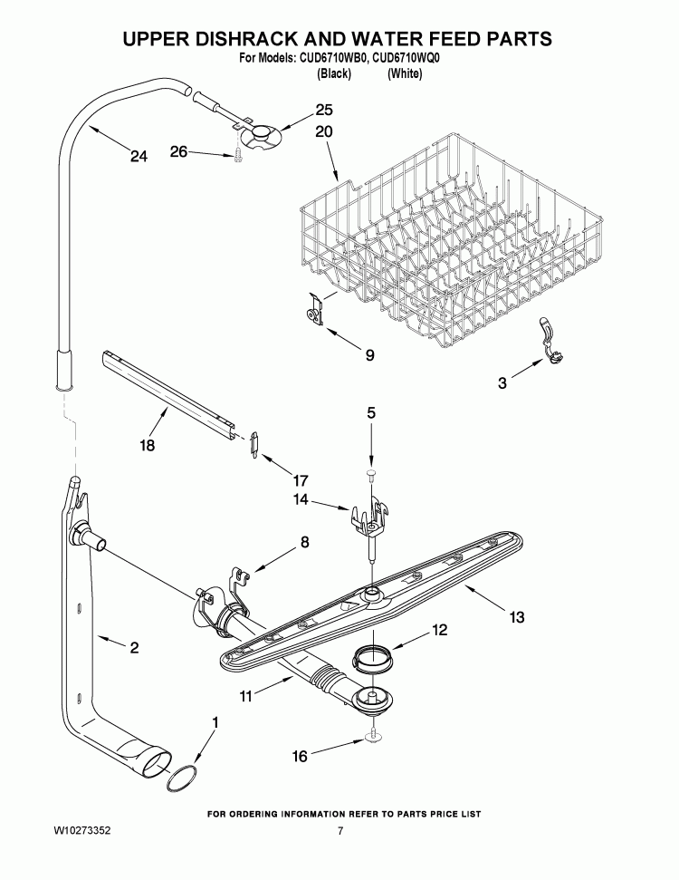UPPER DISHRACK AND WATER FEED PARTS Diagram and Parts List for CUD6710WB0  Crosley Dishwasher