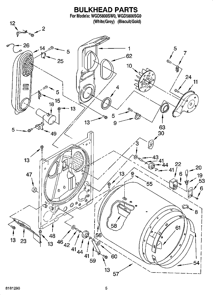 BULKHEAD PARTS Diagram and Parts List for WGD5800SG0  Whirlpool Dryer