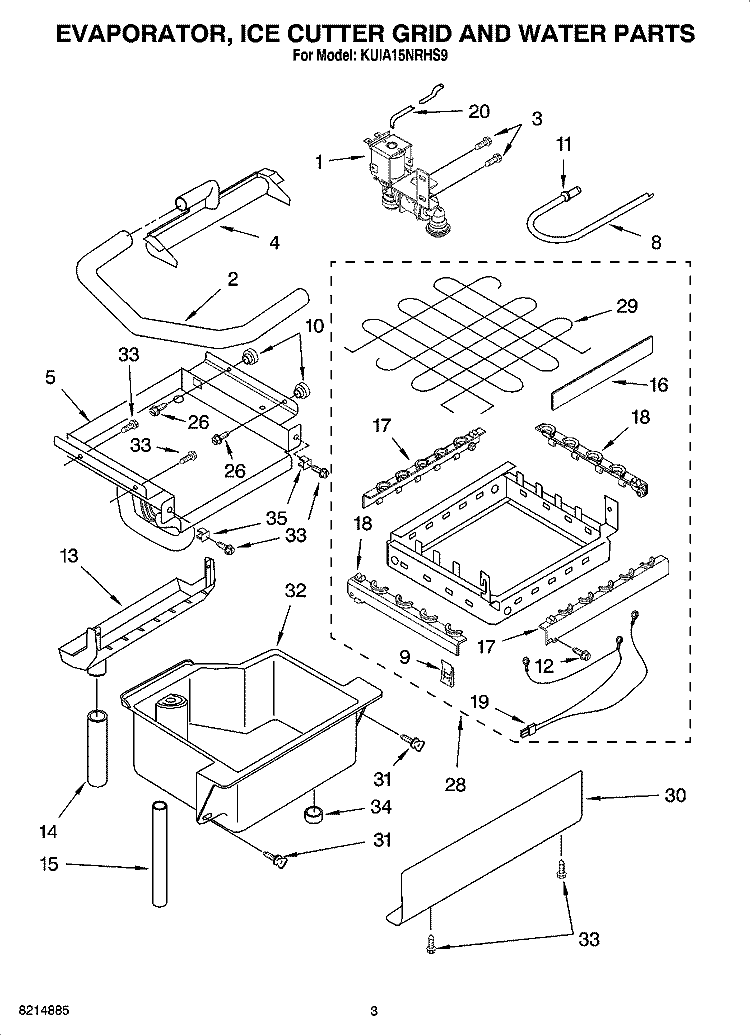 EVAPORATOR, ICE CUTTER GRID AND WATER PARTS Diagram and Parts List for KUIA15NRHS9  KitchenAid Ice Maker