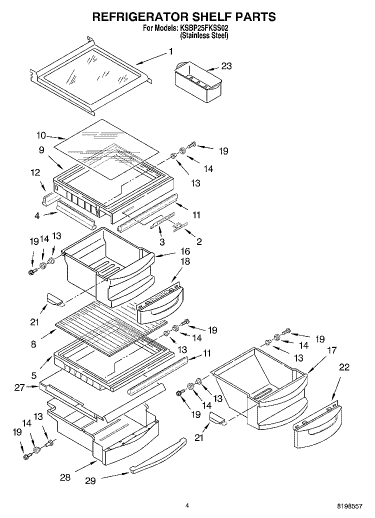 REFRIGERATOR SHELF PARTS Diagram and Parts List for KSBP25FKSS02  KitchenAid Refrigerator