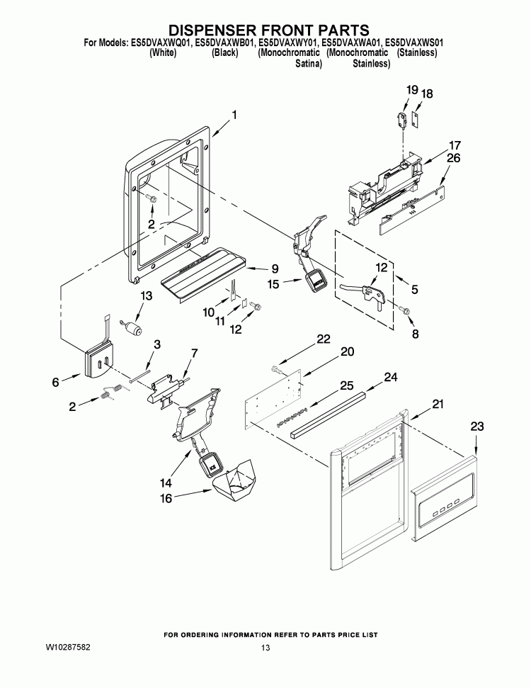 DISPENSER FRONT PARTS Diagram and Parts List for ES5DVAXWS01  Whirlpool Refrigerator