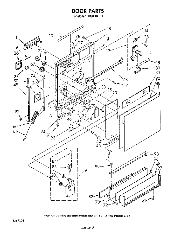 DOOR Diagram and Parts List for DU6000XR1  Whirlpool Dishwasher