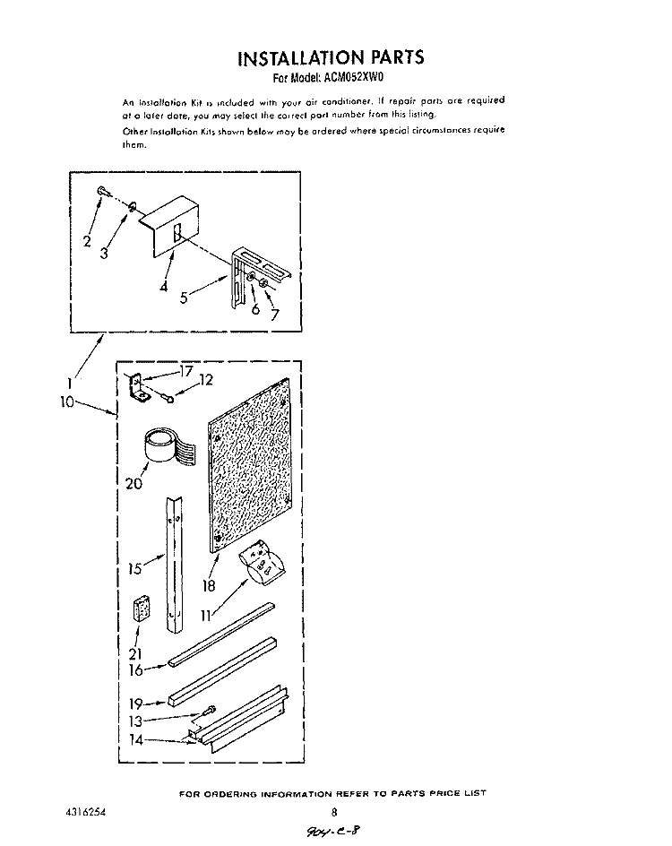 INSTALLATION Diagram and Parts List for ACM052XW0  Whirlpool Air Conditioner