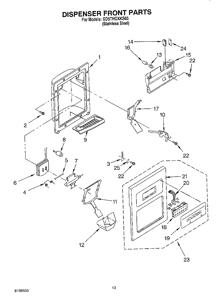 DISPENSER FRONT PARTS Diagram and Parts List for GD5THGXKS03  Whirlpool Refrigerator