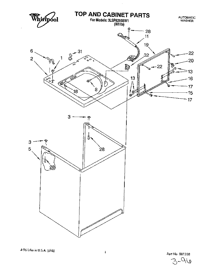 TOP AND CABINET, LIT/OPTIONAL Diagram and Parts List for 3LSP8255BW1  Whirlpool Washer
