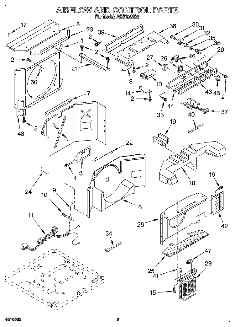 AIRFLOW AND CONTROL Diagram and Parts List for ACE184XD0  Whirlpool Air Conditioner