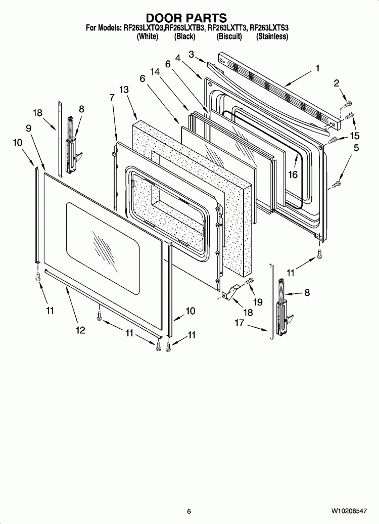 DOOR PARTS, OPTIONAL PARTS (NOT INCLUDED) Diagram and Parts List for RF263LXTT3  Whirlpool Range