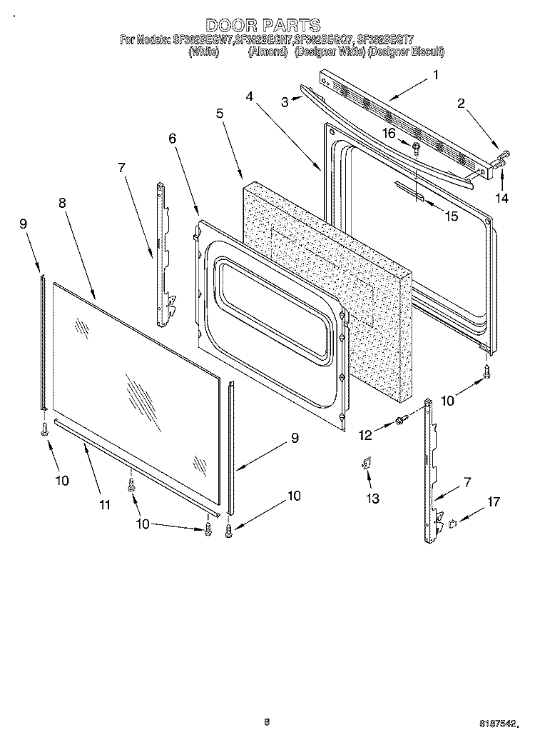 DOOR, OPTIONAL Diagram and Parts List for SF362BEGQ7  Whirlpool Range