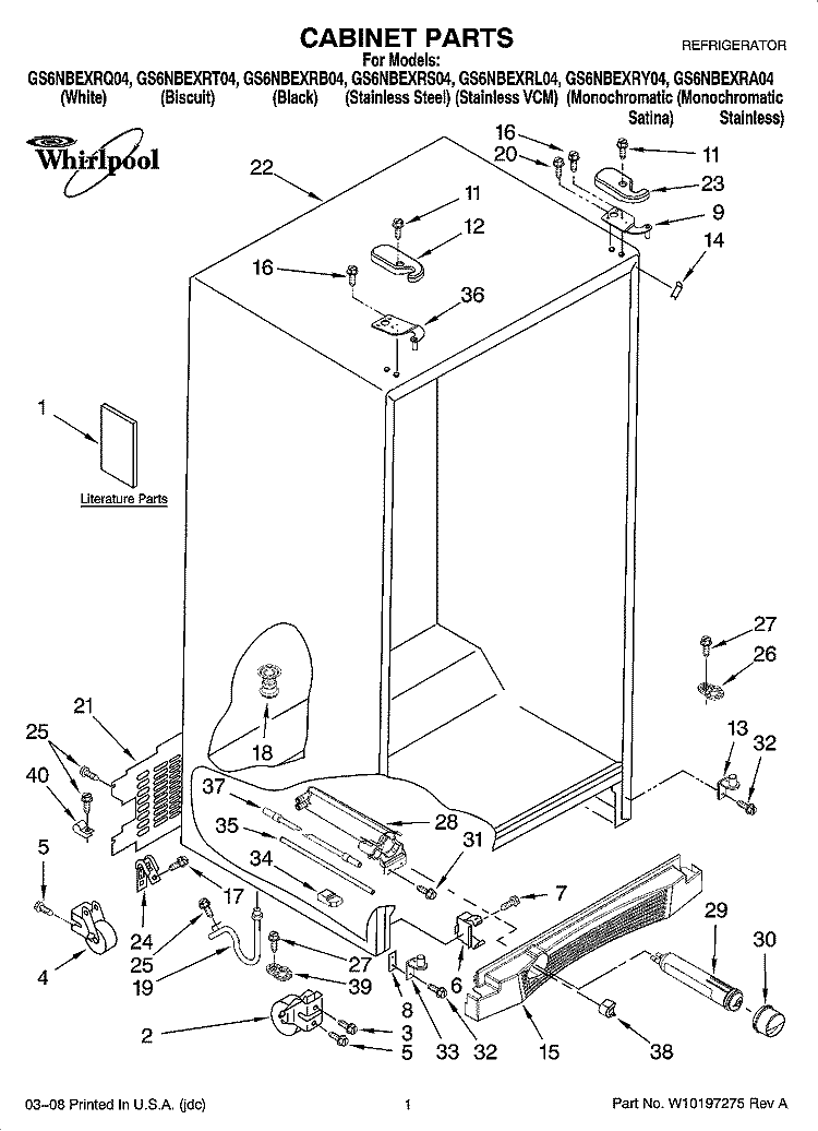 CABINET PARTS Diagram and Parts List for GS6NBEXRY04  Whirlpool Refrigerator