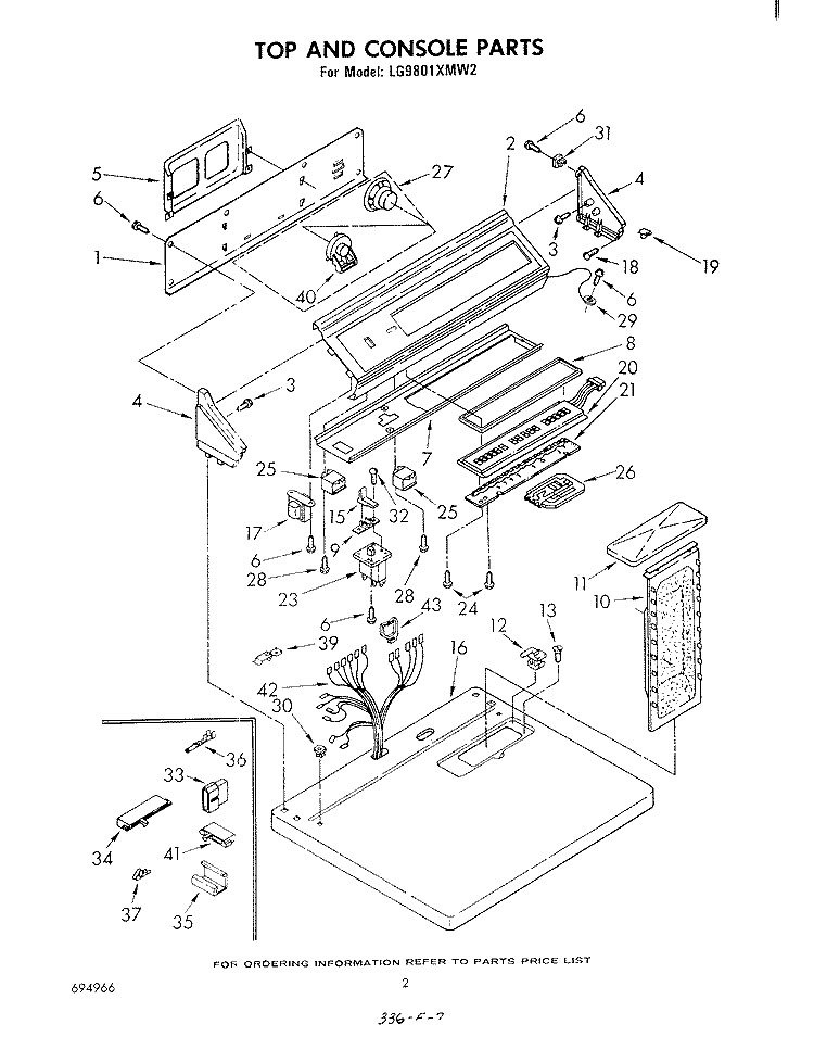 TOP AND CONSOLE, LITERATURE AND OPTIONAL Diagram and Parts List for LG9801XMW2  Whirlpool Dryer
