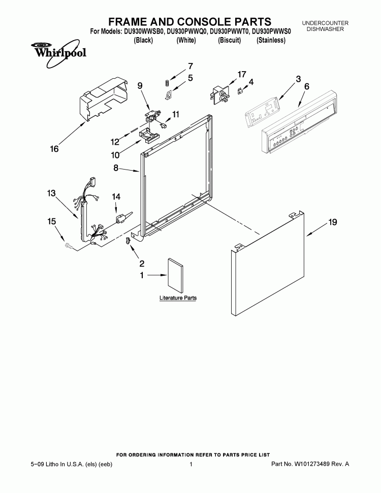 FRAME AND CONSOLE PARTS Diagram and Parts List for DU930PWWS0  Whirlpool Dishwasher