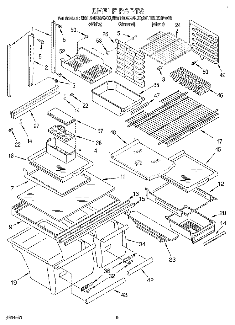SHELF Diagram and Parts List for 9ET19DKXFB00  Whirlpool Refrigerator