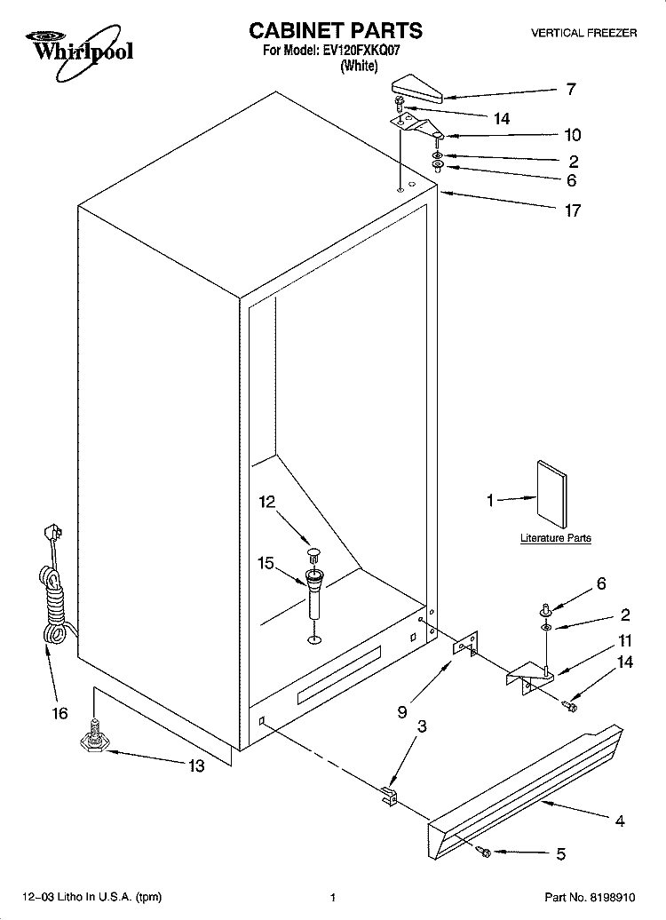 CABINET PARTS Diagram and Parts List for EV120FXKQ07  Whirlpool Freezer