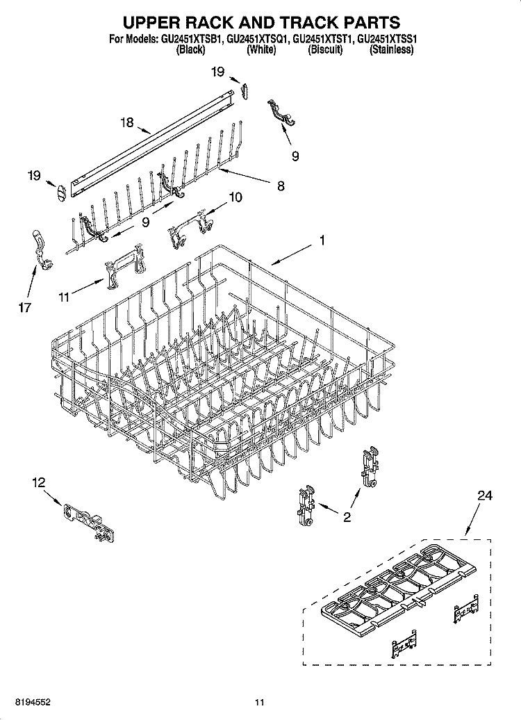 UPPER RACK AND TRACK PARTS Diagram and Parts List for GU2451XTST1  Whirlpool Dishwasher