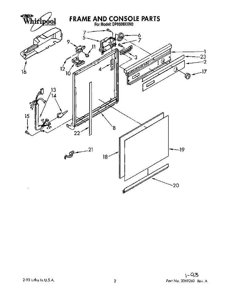 FRAME AND CONSOLE Diagram and Parts List for DP8500XXN0  Whirlpool Dishwasher