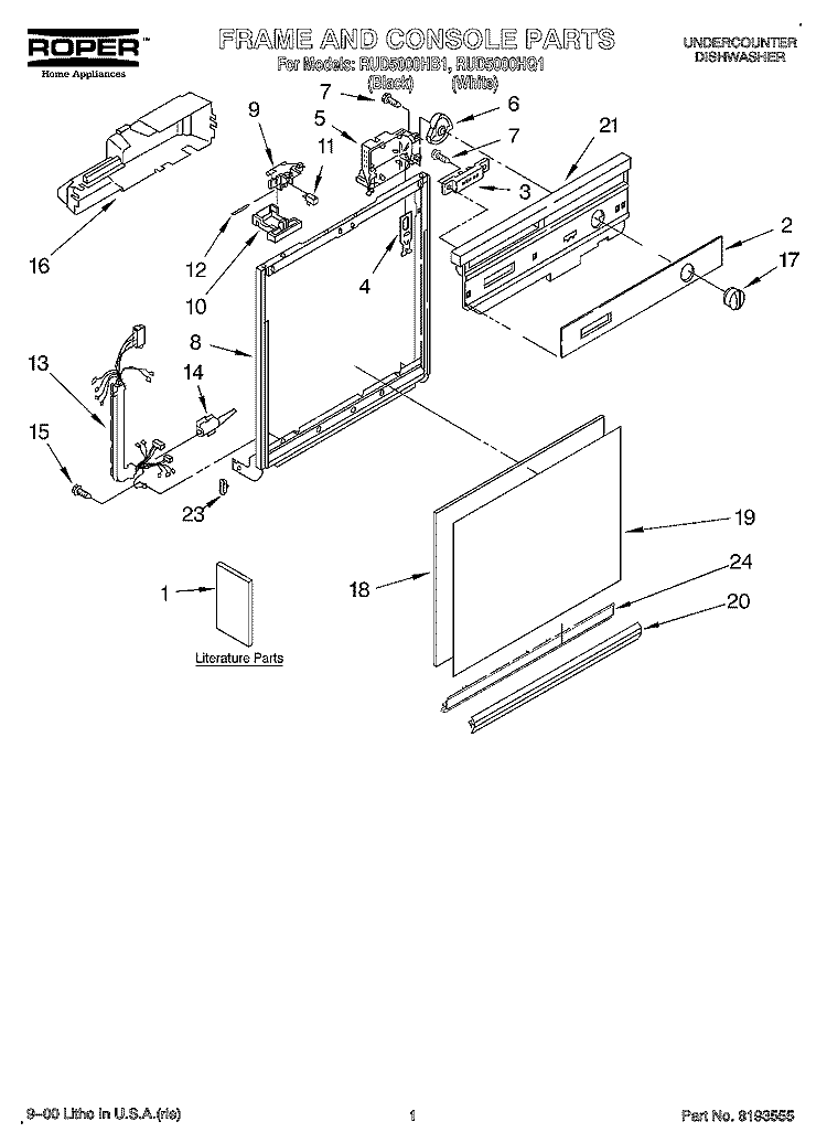 FRAME & CONSOLE, LITERATURE Diagram and Parts List for RUD5000HB1  Roper Dishwasher