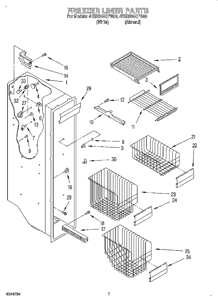 FREEZER LINER Diagram and Parts List for 4KSRS25QFW00  KitchenAid Refrigerator