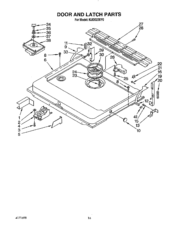 DOOR AND LATCH Diagram and Parts List for KUDD230Y0  KitchenAid Dishwasher
