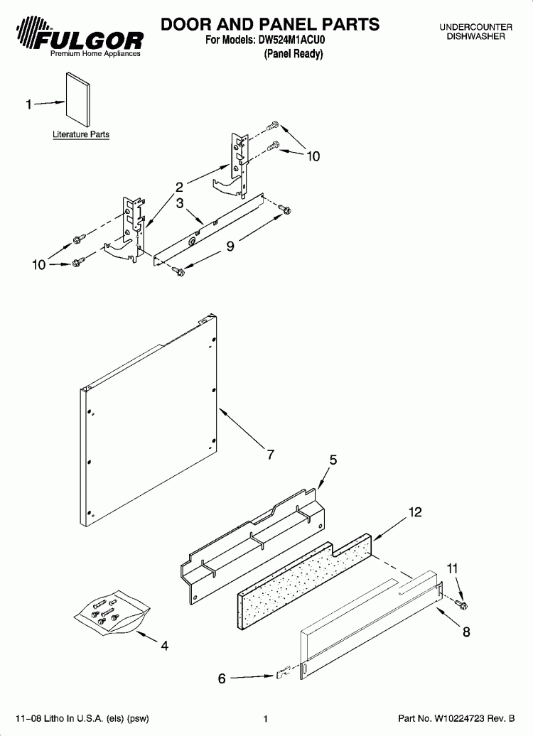 DOOR AND PANEL PARTS Diagram and Parts List for DW524M1ACU0  Whirlpool Dishwasher