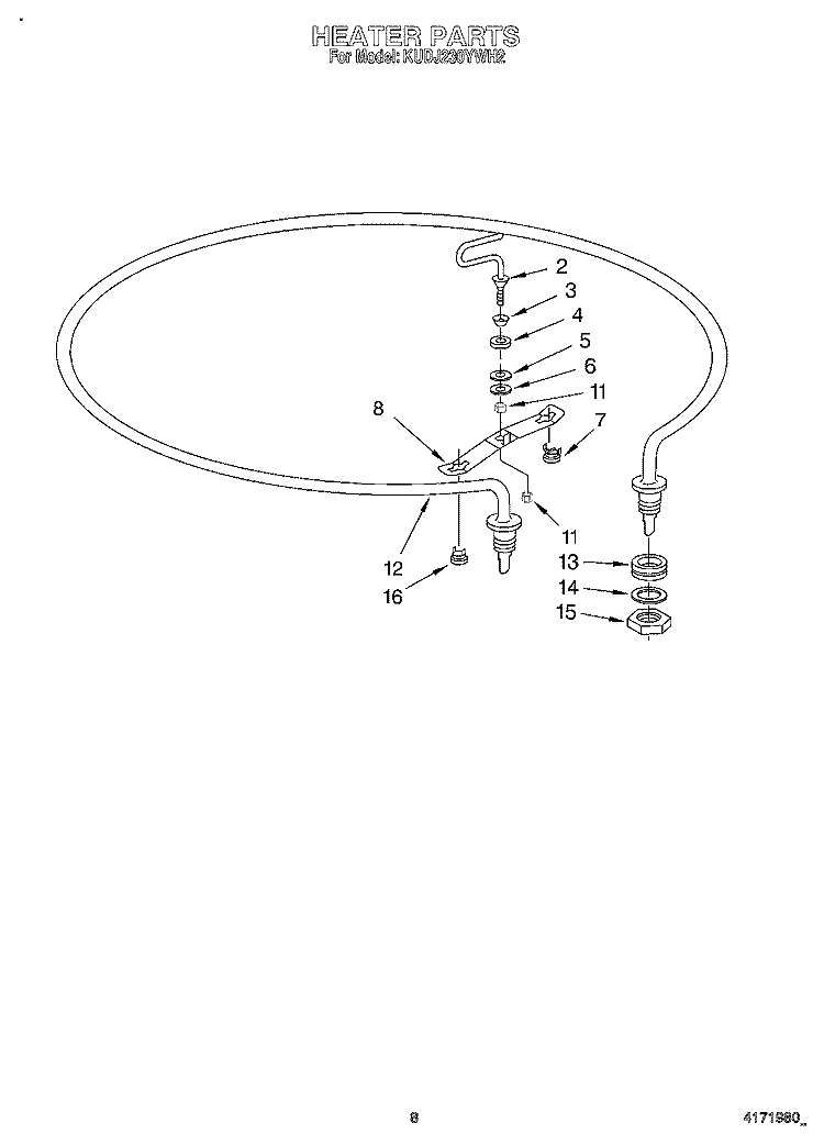 HEATER Diagram and Parts List for KUDJ230YWH2  KitchenAid Dishwasher
