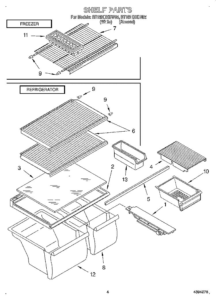 SHELF Diagram and Parts List for RT18HDXDW05  Roper Refrigerator