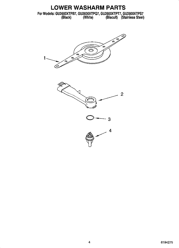 LOWER WASHARM PARTS Diagram and Parts List for GU2600XTPB7  Whirlpool Dishwasher