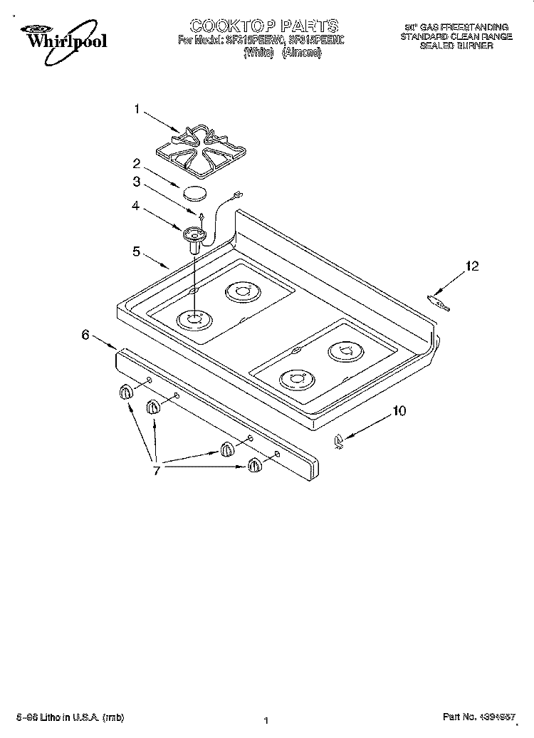 COOKTOP Diagram and Parts List for SF315PEEN0  Whirlpool Range