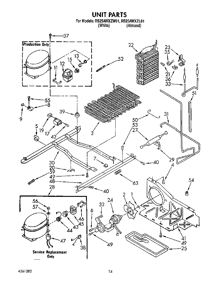 UNIT Diagram and Parts List for RS25AWXZW01  Whirlpool Refrigerator