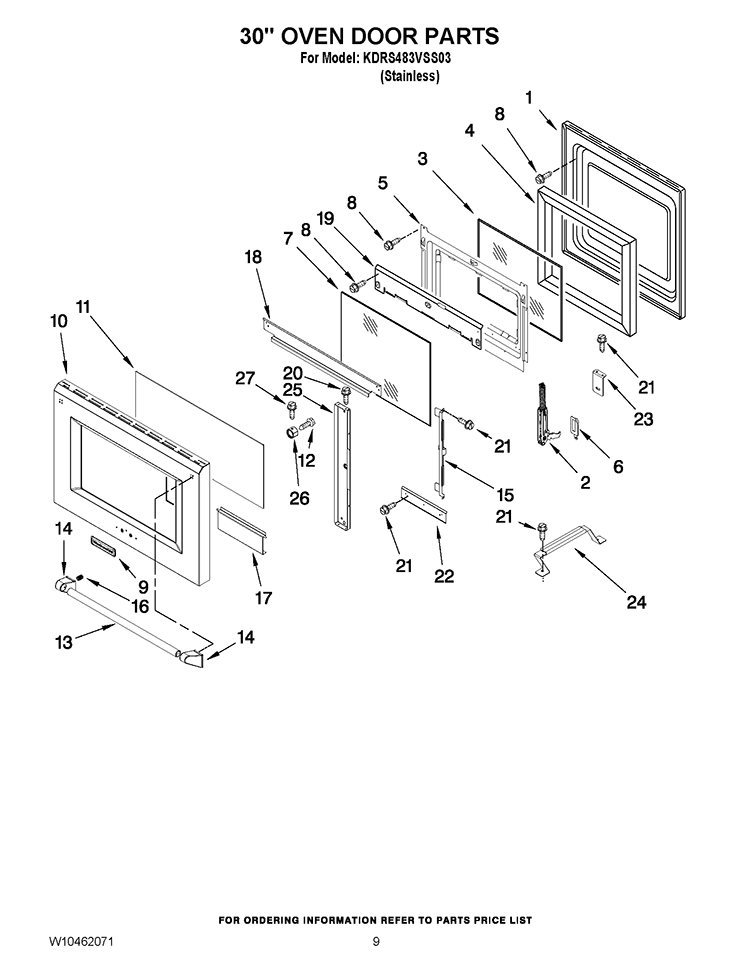 30`` OVEN DOOR PARTS Diagram and Parts List for KDRS483VSS03  KitchenAid Range