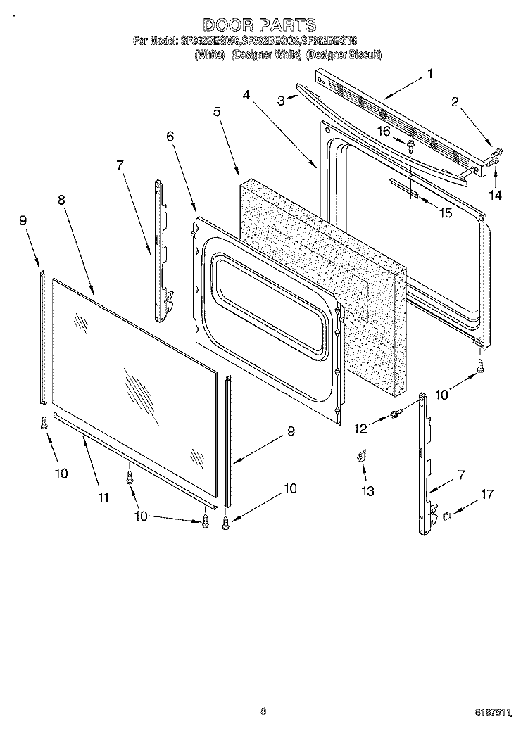 DOOR Diagram and Parts List for SF362BEGQ6  Whirlpool Range