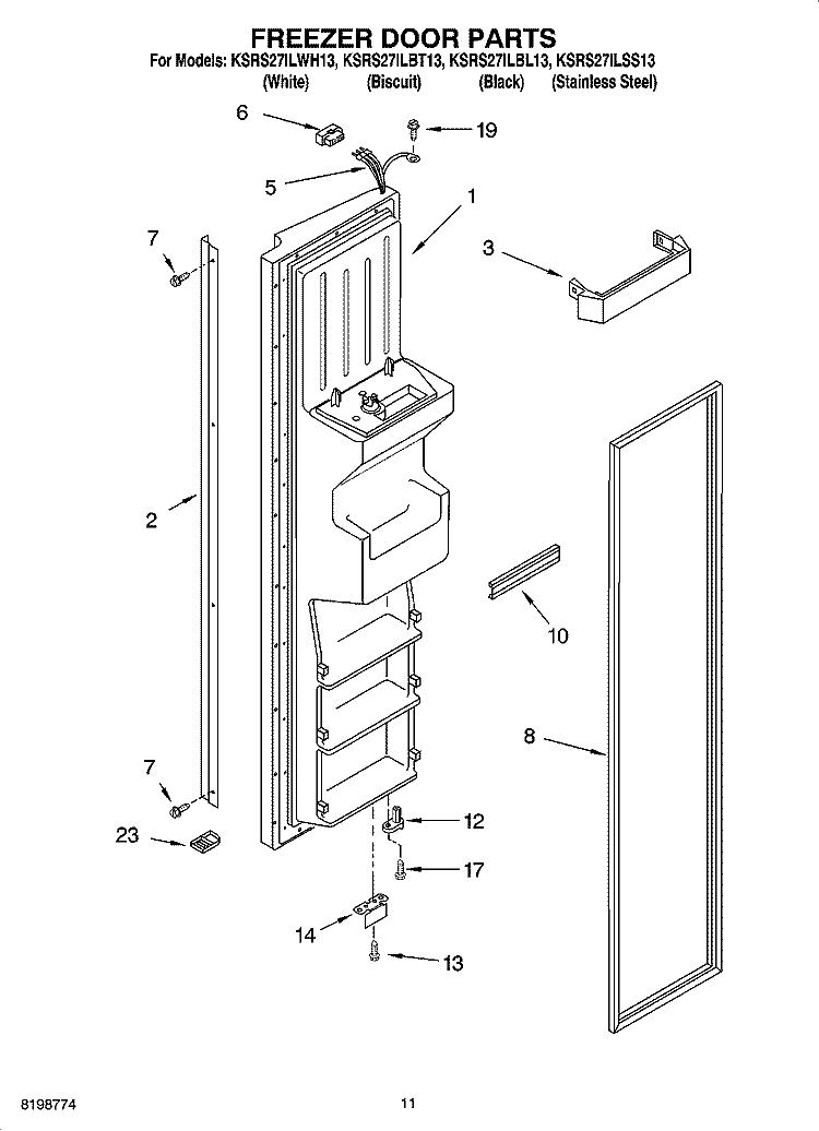 FREEZER DOOR PARTS Diagram and Parts List for KSRS27ILSS13  KitchenAid Refrigerator