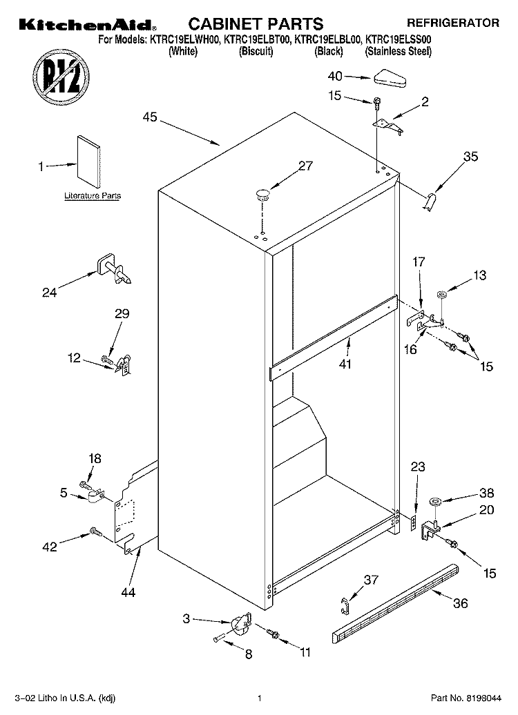 CABINET, LITERATURE Diagram and Parts List for KTRC19ELBL00  KitchenAid Refrigerator