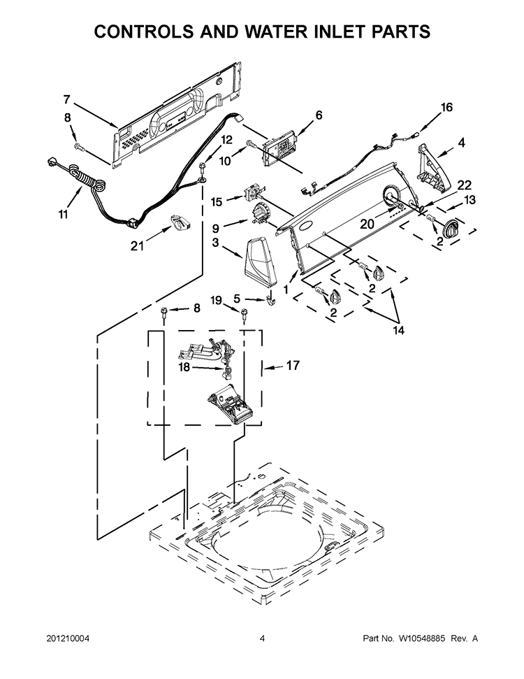 CONTROLS AND WATER INLET PARTS Diagram and Parts List for 7MWTW1502AW1  Whirlpool Washer