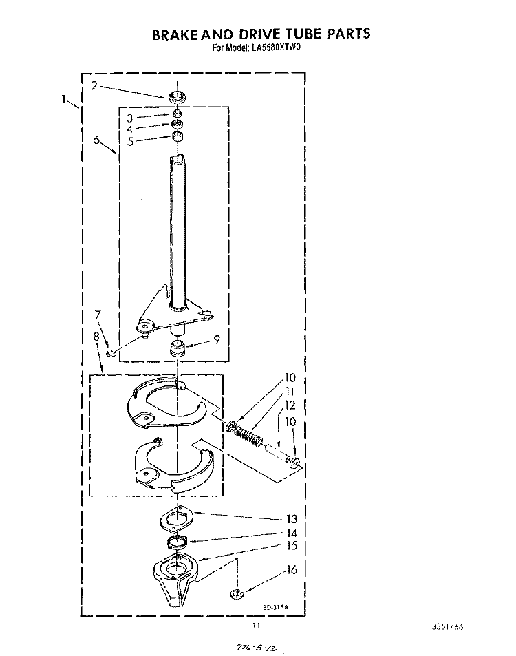 BRAKE AND DRIVE TUBE Diagram and Parts List for LA5580XTN0  Whirlpool Washer
