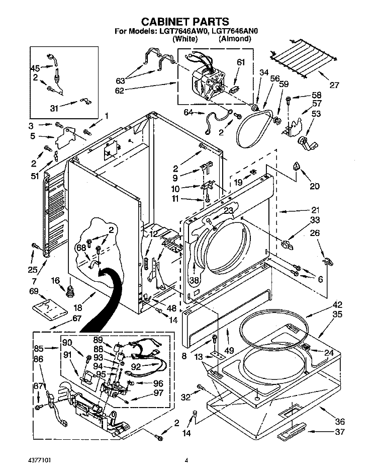 CABINET Diagram and Parts List for LGT7646AW0  Whirlpool Dryer
