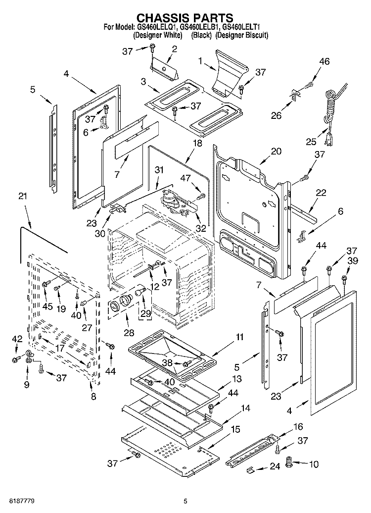 CHASSIS PARTS Diagram and Parts List for GS460LELT1  Whirlpool Range