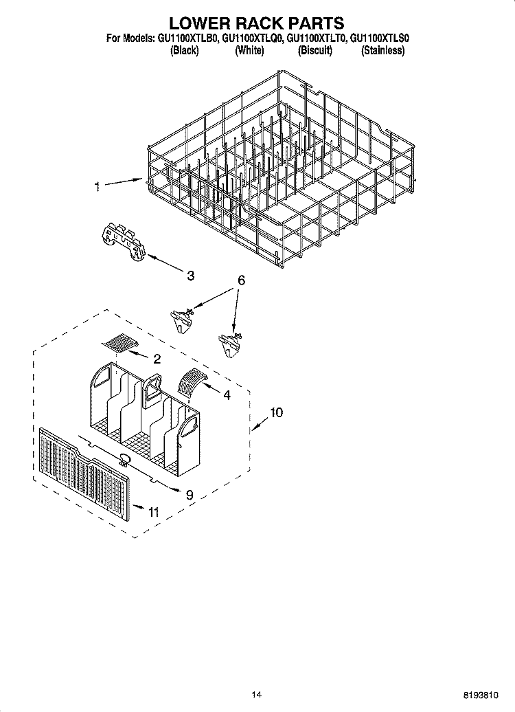 LOWER RACK PARTS Diagram and Parts List for GU1100XTLB0  Whirlpool Dishwasher