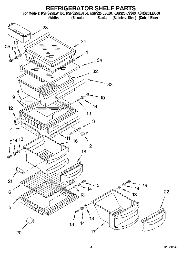 REFRIGERATOR SHELF PARTS Diagram and Parts List for KSRS25ILBL00  KitchenAid Refrigerator