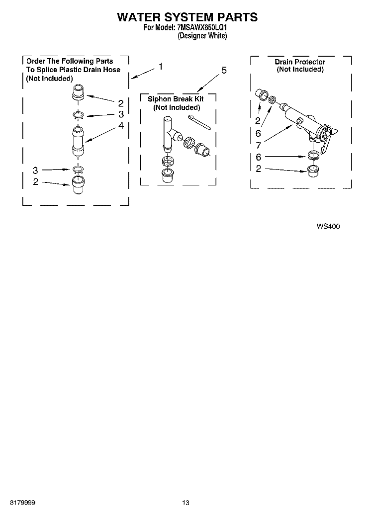 WATER SYSTEM PARTS Diagram and Parts List for 7MSAWX650LQ1  Whirlpool Washer