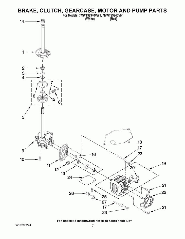 BRAKE, CLUTCH, GEARCASE, MOTOR AND PUMP PARTS Diagram and Parts List for 7MWT99940VW1  Whirlpool Washer
