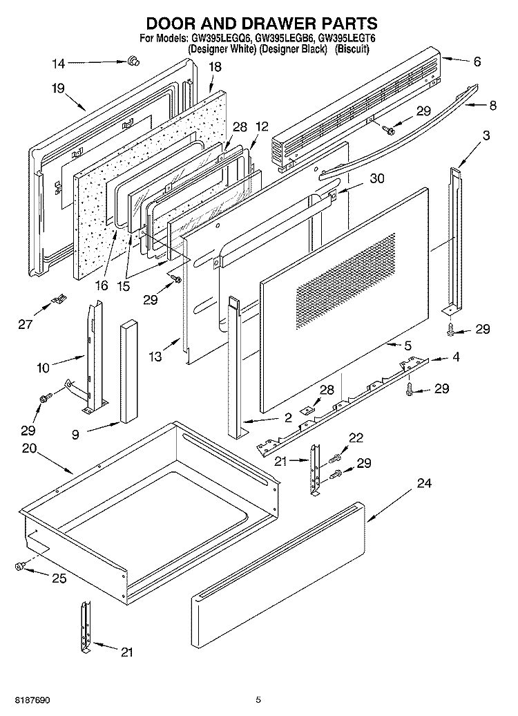 DOOR AND DRAWER Diagram and Parts List for GW395LEGB6  Whirlpool Range