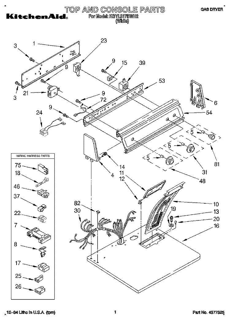 TOP AND CONSOLE, LIT/OPTIONAL Diagram and Parts List for KGYL517BWH2  KitchenAid Dryer