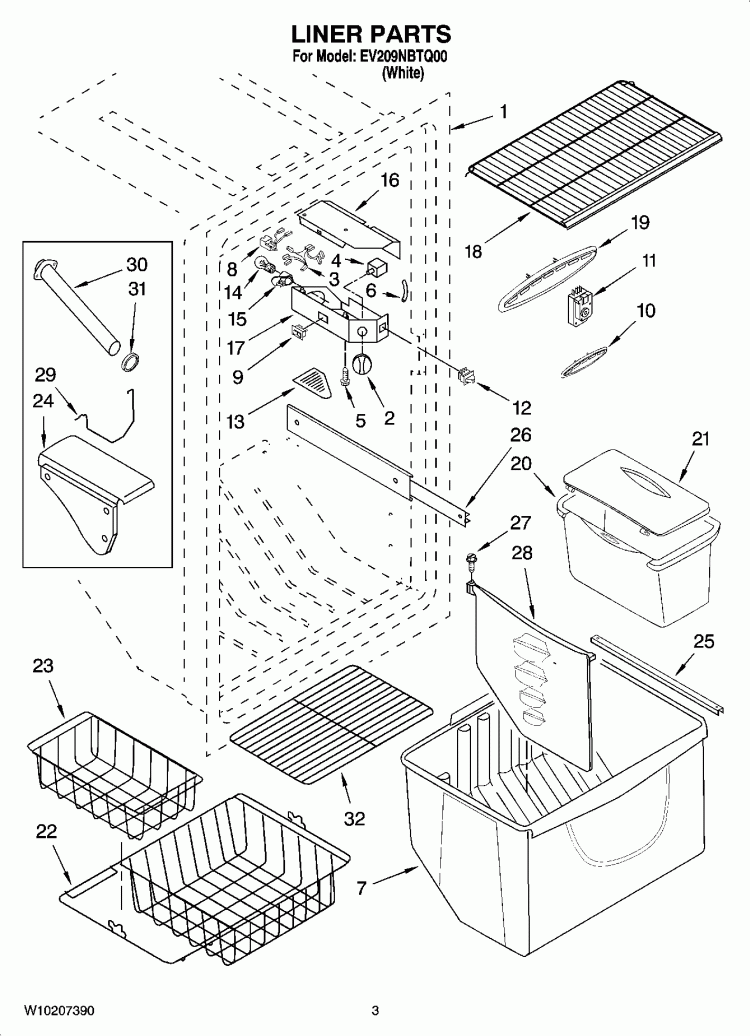 LINER PARTS Diagram and Parts List for EV209NBTQ00  Whirlpool Freezer