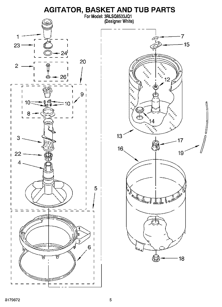 AGITATOR, BASKET AND TUB Diagram and Parts List for 3RLSQ8533JQ1  Whirlpool Washer
