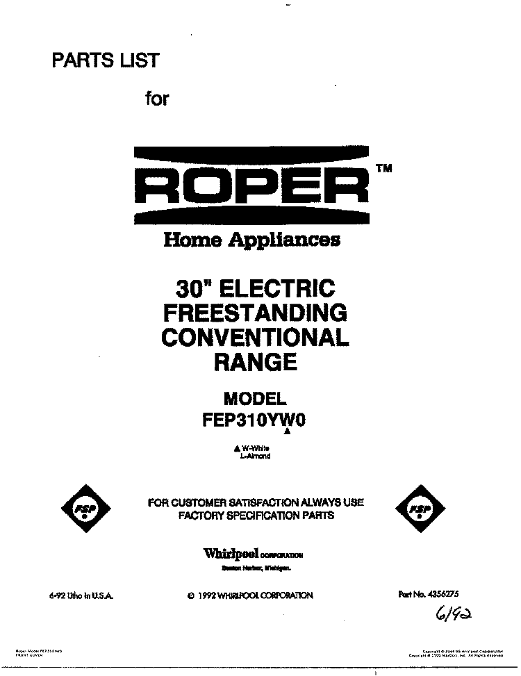 COVER Diagram and Parts List for FEP310YW0  Roper Range