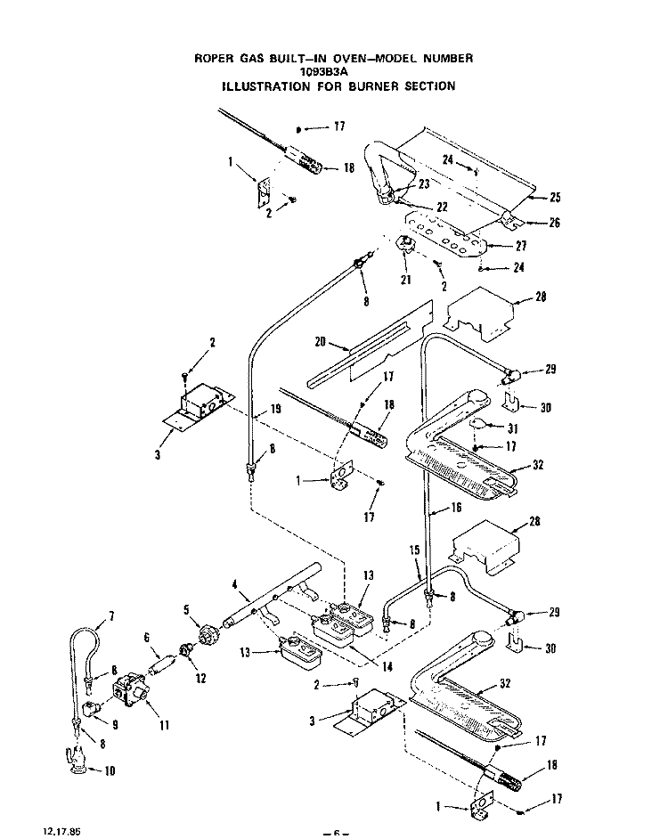 BURNER, LITERATURE Diagram and Parts List for 1093B3A  Roper Wall Oven