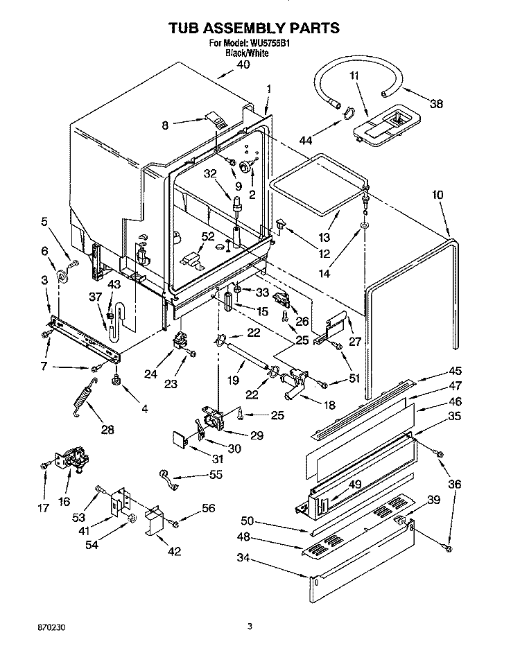 TUB ASSEMBLY, LIT/OPTIONAL Diagram and Parts List for WU5755B1  Roper Dishwasher